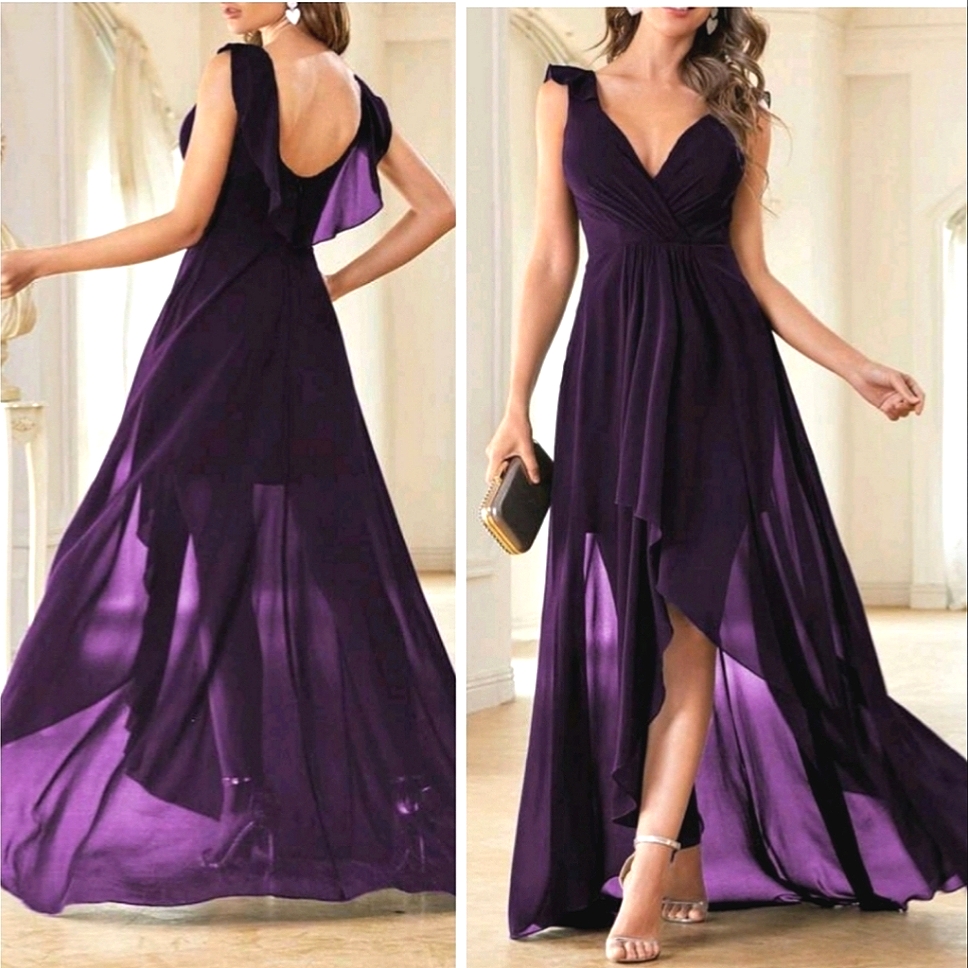 New Flowy Chiffon Wrap High Low Maxi Dress Purple